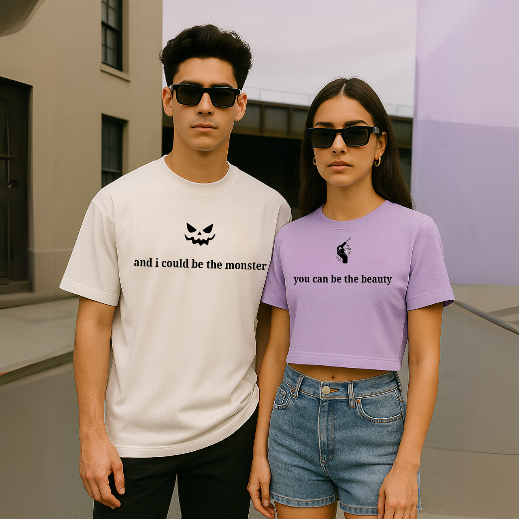 “Beauty x Monster” – Couple Quote Oversized Tees