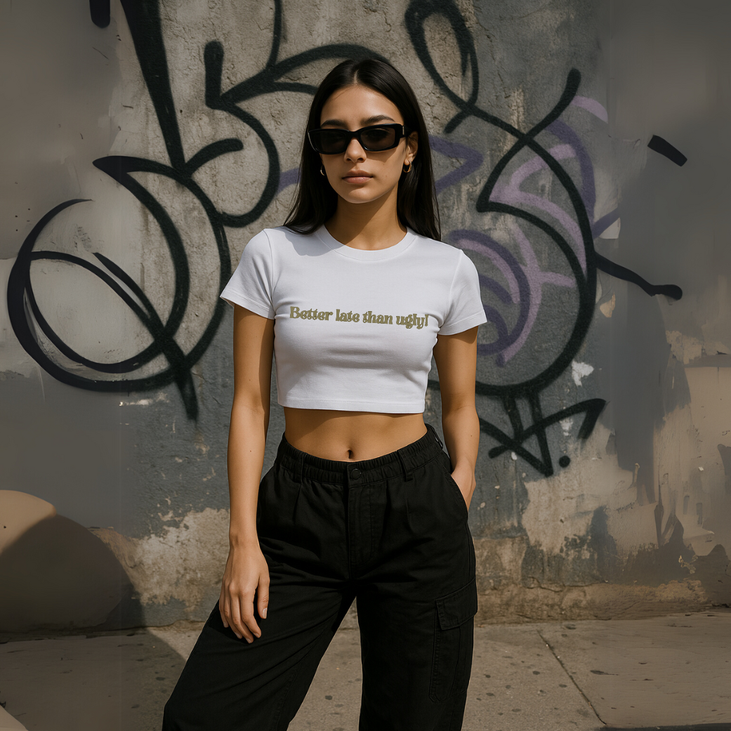 “Better Late Than Ugly!” White Crop Tee