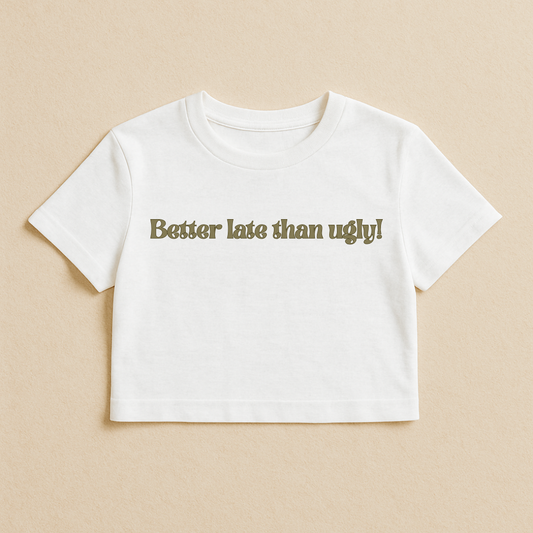 “Better Late Than Ugly!” White Crop Tee
