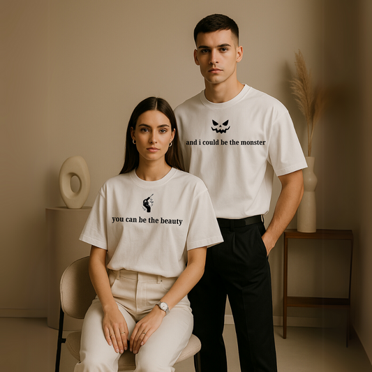 “Beauty x Monster” – Couple Quote Oversized Tees